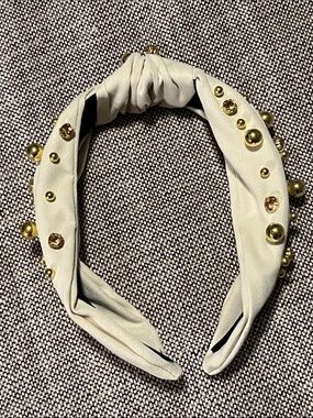 New Beaded Cream Twist Headband with Gold Accents